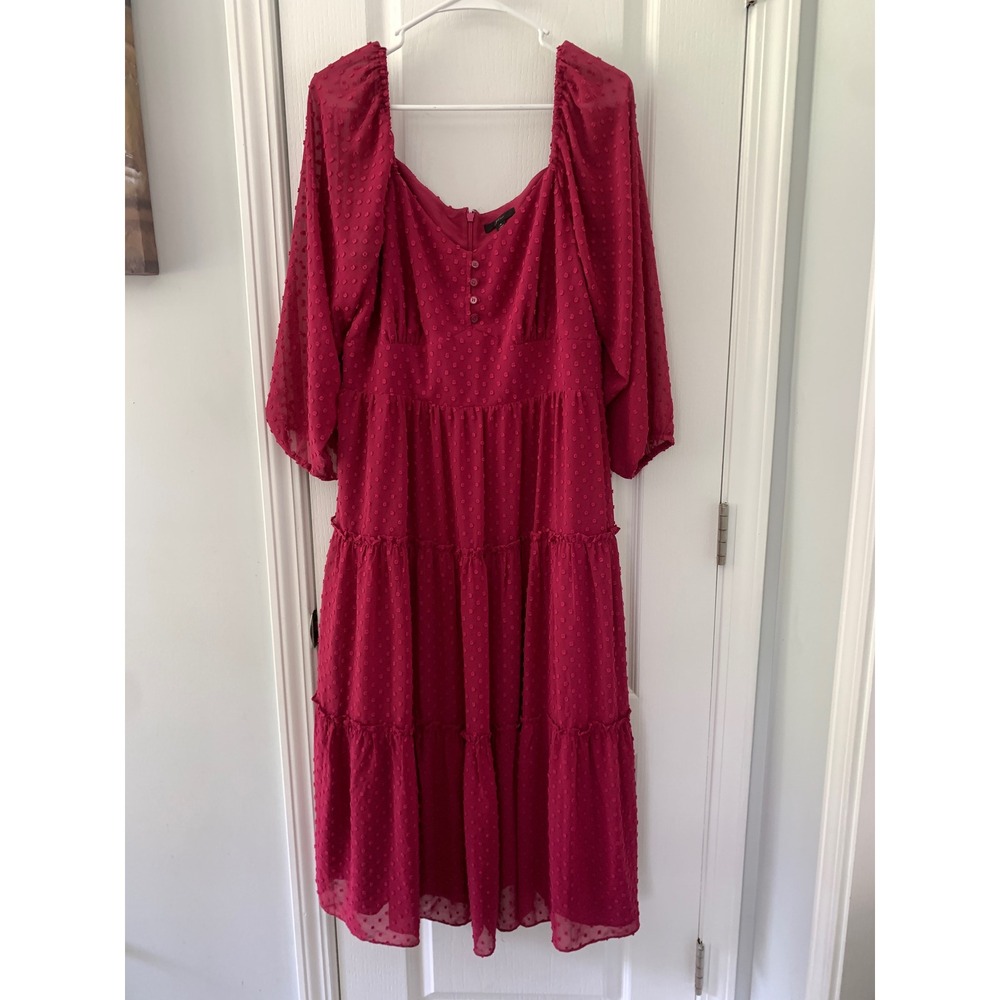 J.Crew Pink Clip Dot Tiered Midi Dress Square Neck Puff Sleeve 14 Berry Romantic
